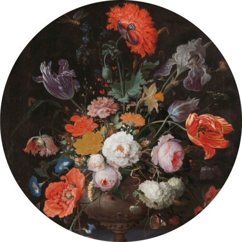  Stilleven met bloemen en een horloge - Abraham Mignon - Muurcirkel