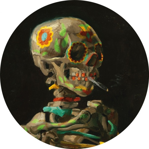 Kop van een skelet met brandende sigaret ingekleurd - Muurcirkel