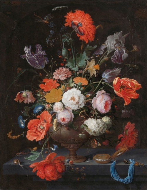 Abraham Mignon - Stilleven met bloemen en een horloge