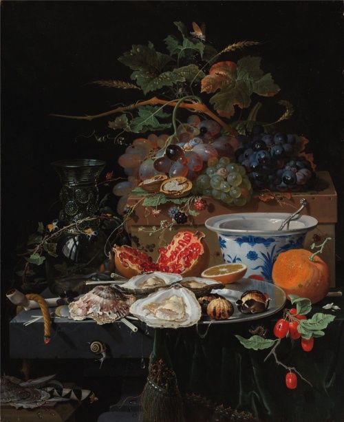 Abraham Mignon - Stilleven met vruchten, oesters en een porseleinen kom