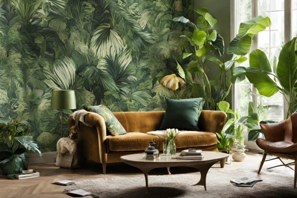 Een woonkamer met jungle behang